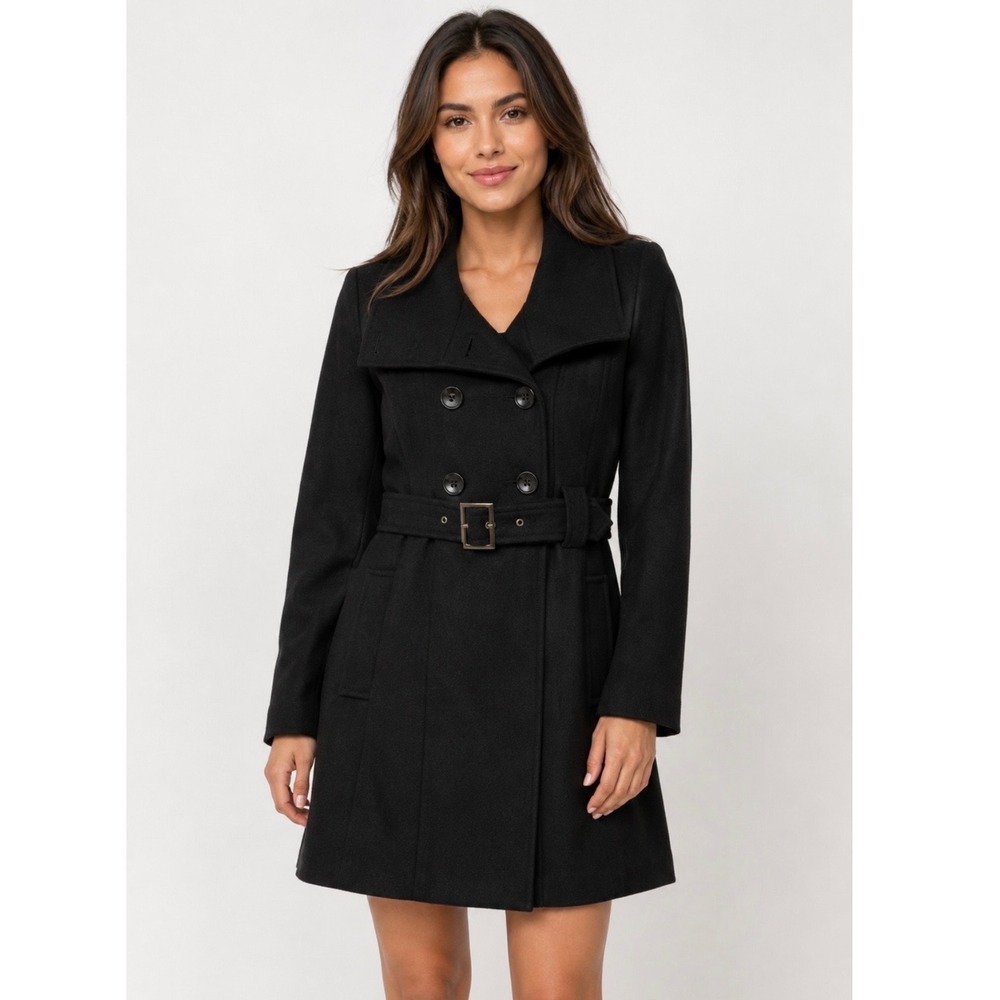 GUESS Black‎ Wool Blend Double Breasted Belted Trench Coat Women